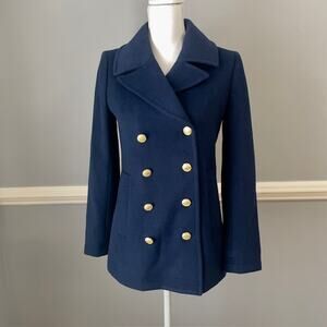 J.Crew Navy Wool Blend Double Breasted Military Style Coat Size 2 Peacoat
